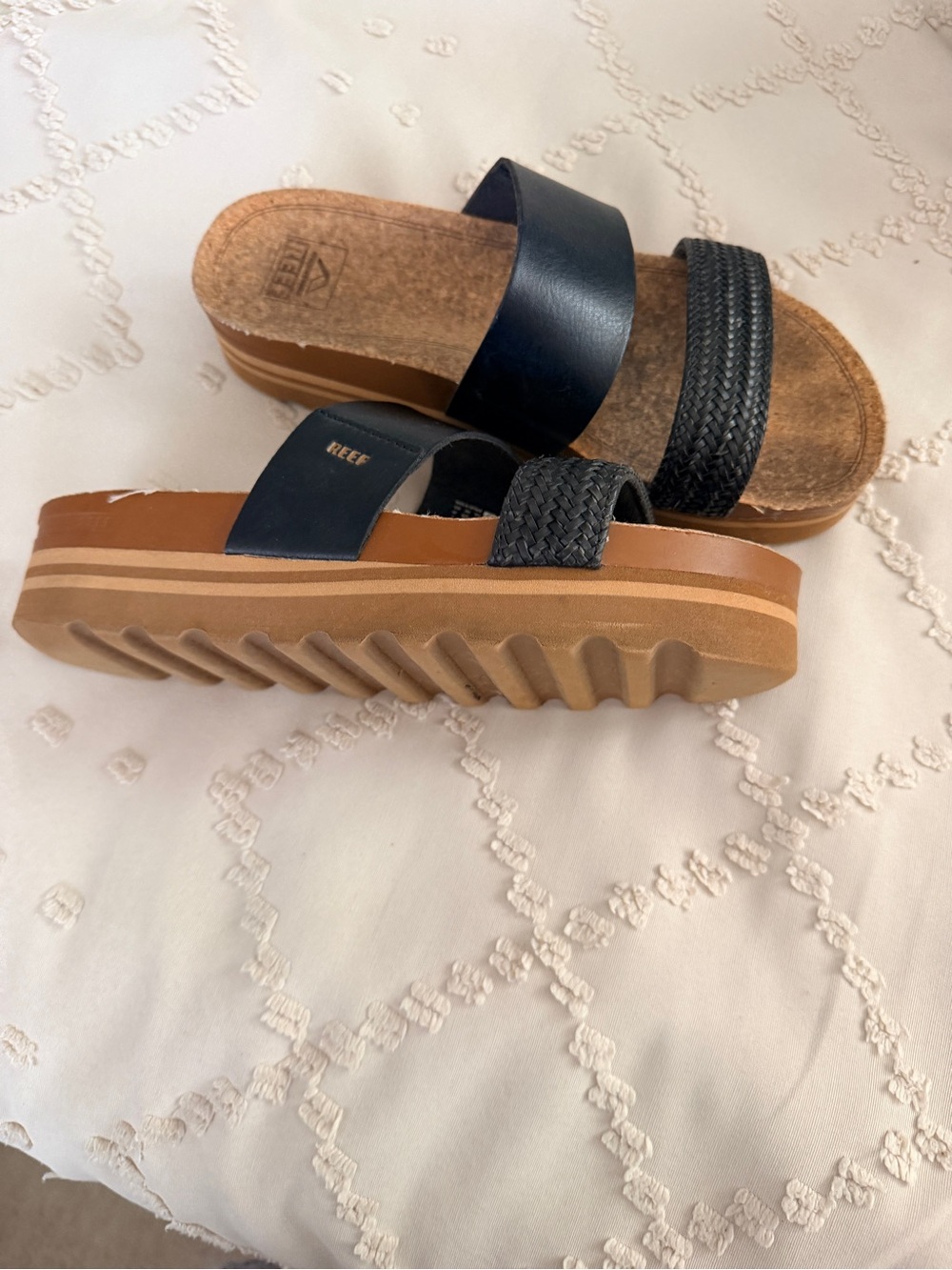 Reef Black Braided Dual-Strap Platform Slide Sandals